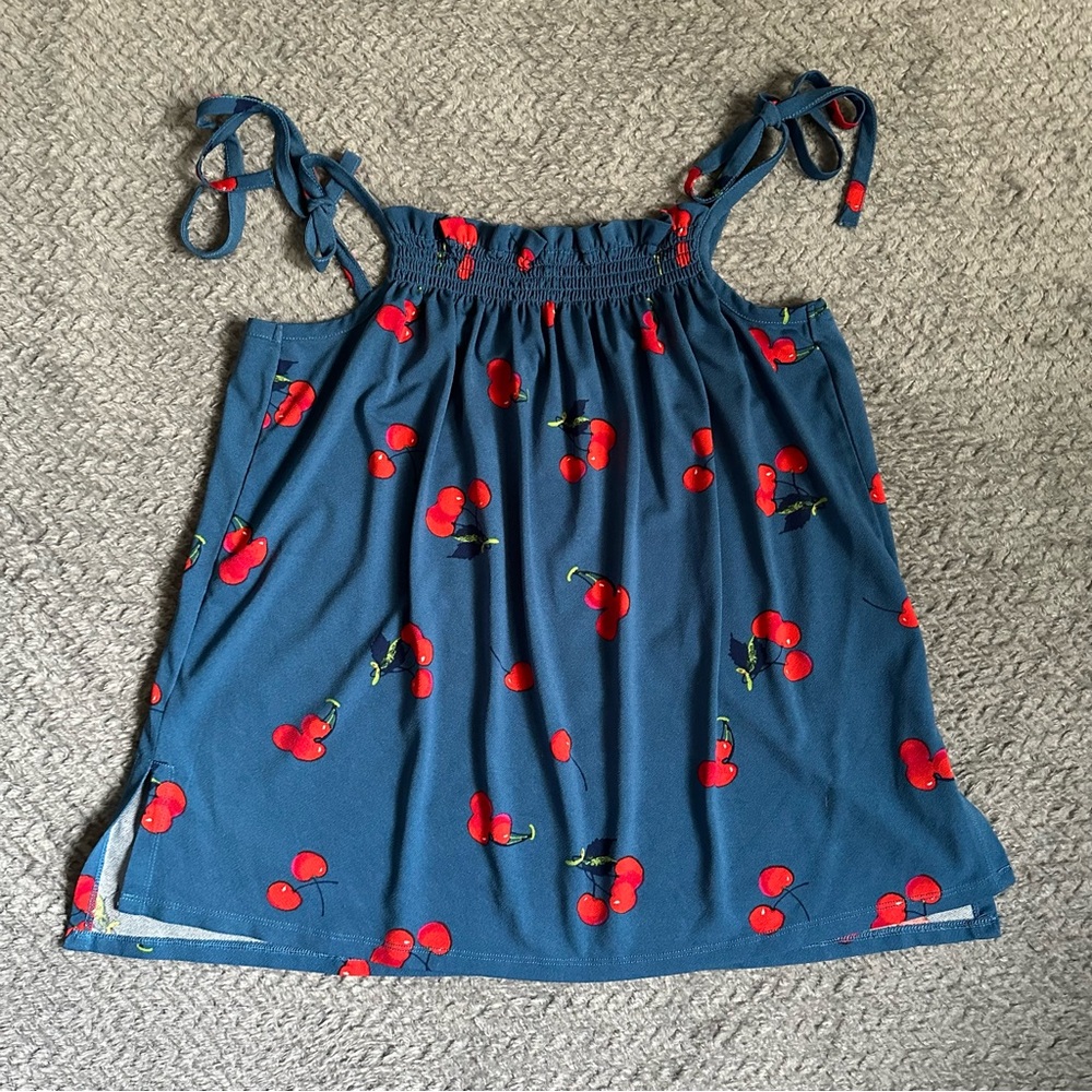 Modcloth Blue Smocked Cherry Print Tank Top with Tie Front Size XL - Picture 2 of 10